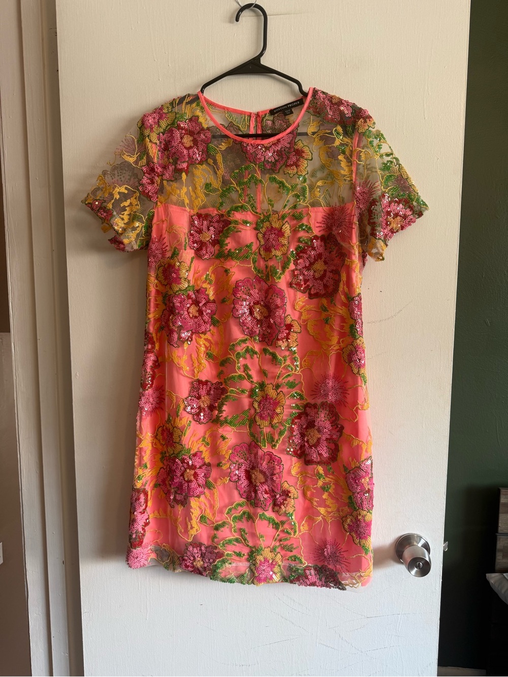 Boston proper floral sequin pink coral green and yellow mesh overlay mini dress